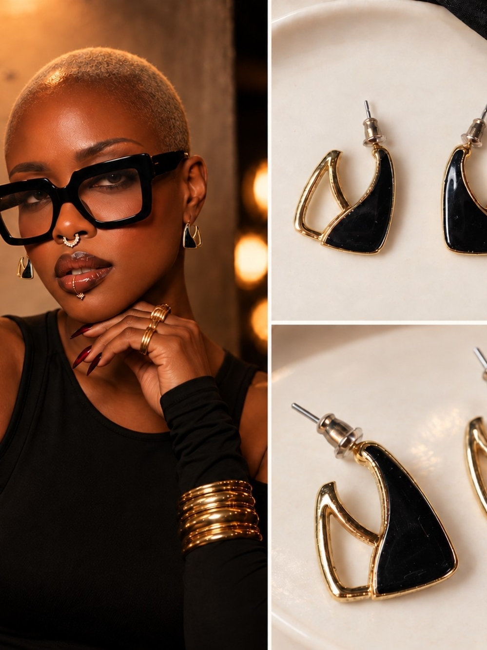 Black & Gold-Tone Geometric Statement Stud Earrings